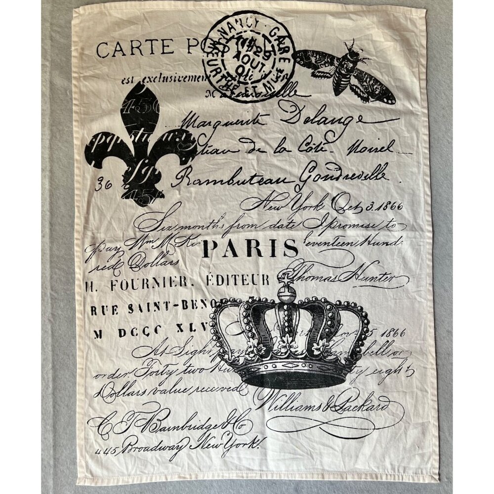 French Vintage Inspired Tea Towel Crown Fleur-De-Lis Moth Script Cotton 27.25”